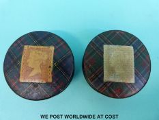 Two tartanware boxes with stamps to the lids,