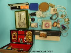 A collection of costume jewellery to include silver items, compacts, 9ct gold chain,