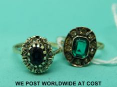 A 9ct gold ring set with a sapphire surrounded by diamonds (Size L) and another yellow metal ring