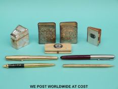 Hallmarked silver-mounted books, mother of pearl thimble case,