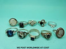 Ten silver rings to include mother of pearl set,