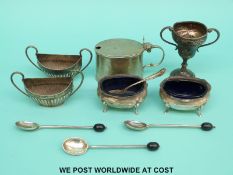 Two pairs of hallmarked silver open salts, one with blue glass liner,