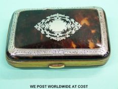 A tortoiseshell and white metal pique work purse (width 8cm)