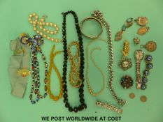 A white metal bangle, hallmarked silver fobs, millefiori beads, vintage Gloucester jewellery box,