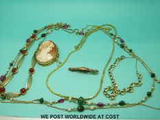 A 9ct gold necklace set with pearls, rubies and emeralds, yellow metal bracelet marked 9ct gold,