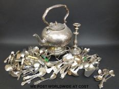 A plated spirit kettle, a quantity of mainly Kings pattern cutlery, etc.
