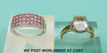 A 9ct gold ring set with quartz and diamonds and 9ct white gold ring set with pink sapphires (6.
