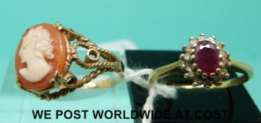Two 9ct gold rings, one set with a ruby surrounded by diamonds.