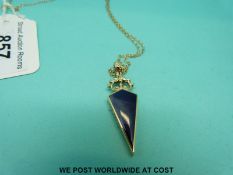 A 9ct gold pendant set with blue agate to one side and red agate to the other on 9ct gold chain by