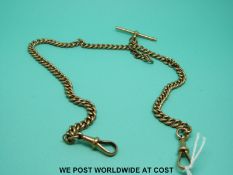 A 9ct gold Albert with double clips and T bar, 42cm long, (43.
