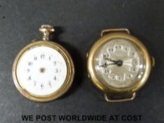 A 9ct gold cased ladies wristwatch and a white metal fob watch marked 935 set with guilloche enamel