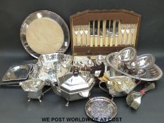 A collection of plated ware including a teaset, pierced pedestal bon bon dishes,