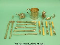 Three silver handled knives and various silver plated ware including christening tankard