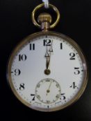 Swiss made 9ct gold keyless wind open faced pocket watch with Arabic numerals,