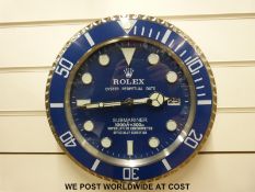 Rolex advertising clock blue Submariner style with date,