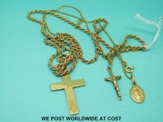 A 9ct gold rope twist necklace with 9ct cross pendant and a yellow metal chain marked 585 with 9ct