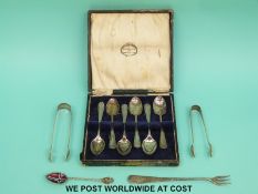Five hallmarked silver teaspoons, two sets of silver sugar tongs (weight 107g),