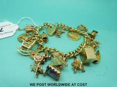 An 18ct gold charm bracelet with sixteen yellow metal, 9ct & 14ct gold charms (60.