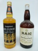 A 40fl oz bottle of Haig whisky and a bottle of Seagrams 100 Pipers whisky 70%