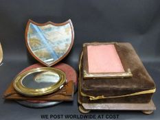 A 19thC easel backed shield shaped mirror, velvet and turned wood stand, footstool, booksafe,
