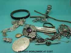 A quantity of hallmarked silver and white metal brooches, fruit knife, bangle and scent bottle,