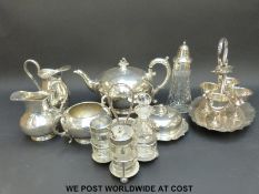 A variety of silver plate including a tea service, cruet,