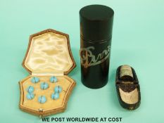 A cased silver Charles Horner thimble, cased aventurine and glass buttons,