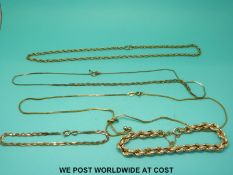 A 9ct gold rope twist bracelet, a 9ct gold bracelet and three 9ct gold necklaces (25.