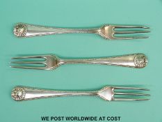 Three Georgian silver forks, hallmarked Ldn 1781, maker's marks WS, RC,