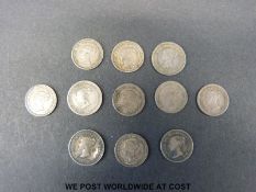 Eight three halfpence Victorian silver coins 1832,