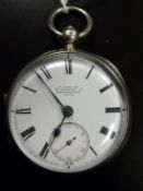 H Samuel Manchester hallmarked silver open faced pocket watch with Roman numerals,