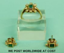 An 18ct gold ring set with emerald cut emeralds and princess cut diamonds with matching earrings