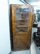 A 19thC astragal glazed burr walnut floor standing corner cupboard (H189 x W90cm)