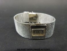 Seiko 14ct white gold laides wristwatch with mesh bracelet, 48g.