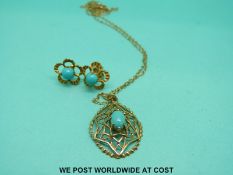 A 9ct gold chain and pendant set with turquoise and a pair of 9ct gold earrings set with a