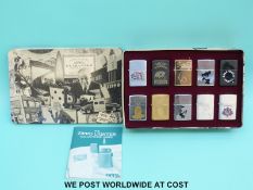 Ten Zippo lighters in a Zippo collector's tin