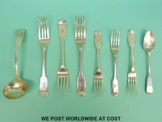 Three William IV Irish hallmarked silver fiddle pattern table forks together with three Victorian