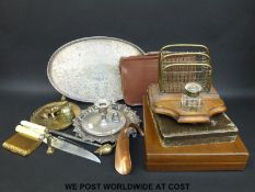 A collection of cased plated cutlery, desk tidy and inkwell,