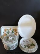 A Portmeirion Bontanic Garden large casserole dish, flan dish, lasagne dish and cheese / cake plate,