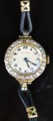 Longines 18ct gold ladies wristwatch with 30 alternating old cut diamonds and seed pearls inset to