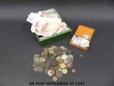 A small quantity of UK and overseas coinage and banknotes including George IV examples 1828 half