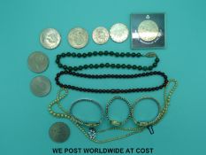 A bakelite necklace, 9ct gold watch, agate necklace, coins etc.