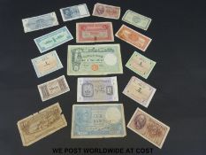 A small collection of overseas bank notes including Italy, France, Military, Astro-Hungarian c1919,