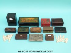 A quantity of boxes to include leather card box with enamel decoration, Russian lacquer,