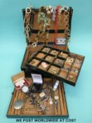 A large jewellery box containing a quantity of jewellery including 9ct gold earrings, silver,