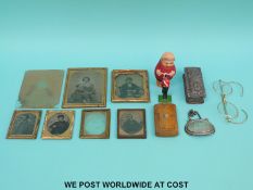 A hallmarked silver whiskey label, hallmarked silver trinket box, vintage spectacles, daguerreotype,