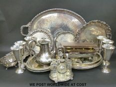 A large collection of plated ware including Elkington & Co teapot, a large Mappin & Webb oval tray,