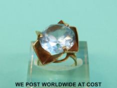 A 9ct gold ring set with a large blue zircon, (Size K, 6.