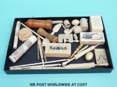 A large collection of bone and ivory sewing related items, trinket boxes,