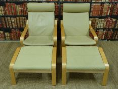 Two contemporary leather effect chairs and footstools